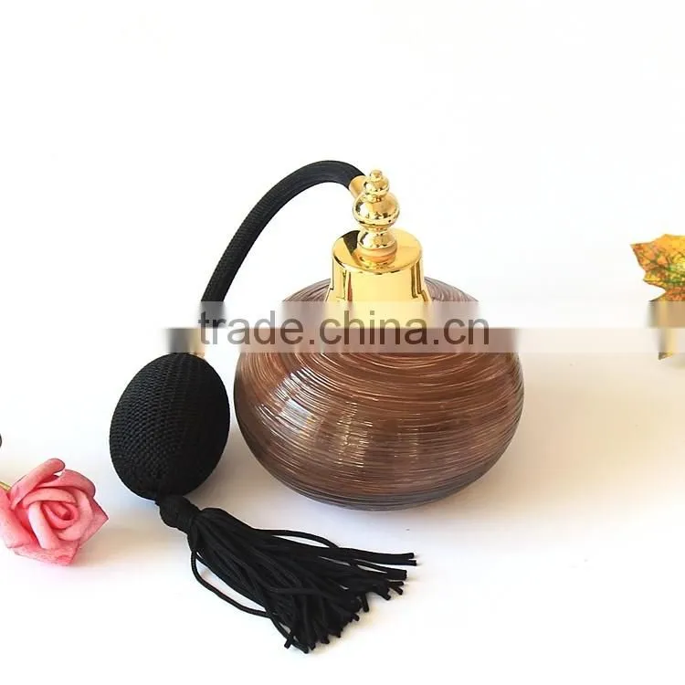 High Style Handmade Brown Stripe Ellipse Glass Perfume Bottle With Gasbag Sprayer Pump