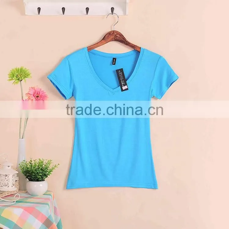 New Fashion Stretch Summer Women T Shirts Ms Solid Color Short Sleeve 100% Cotton v neck t shirt Women's Blank V-Veck T-Shirts