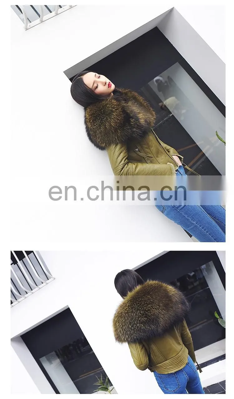 High Fashion Red Real Leather Jackets for Women / Raccoon Fur Collar Leather Jacket Made in China