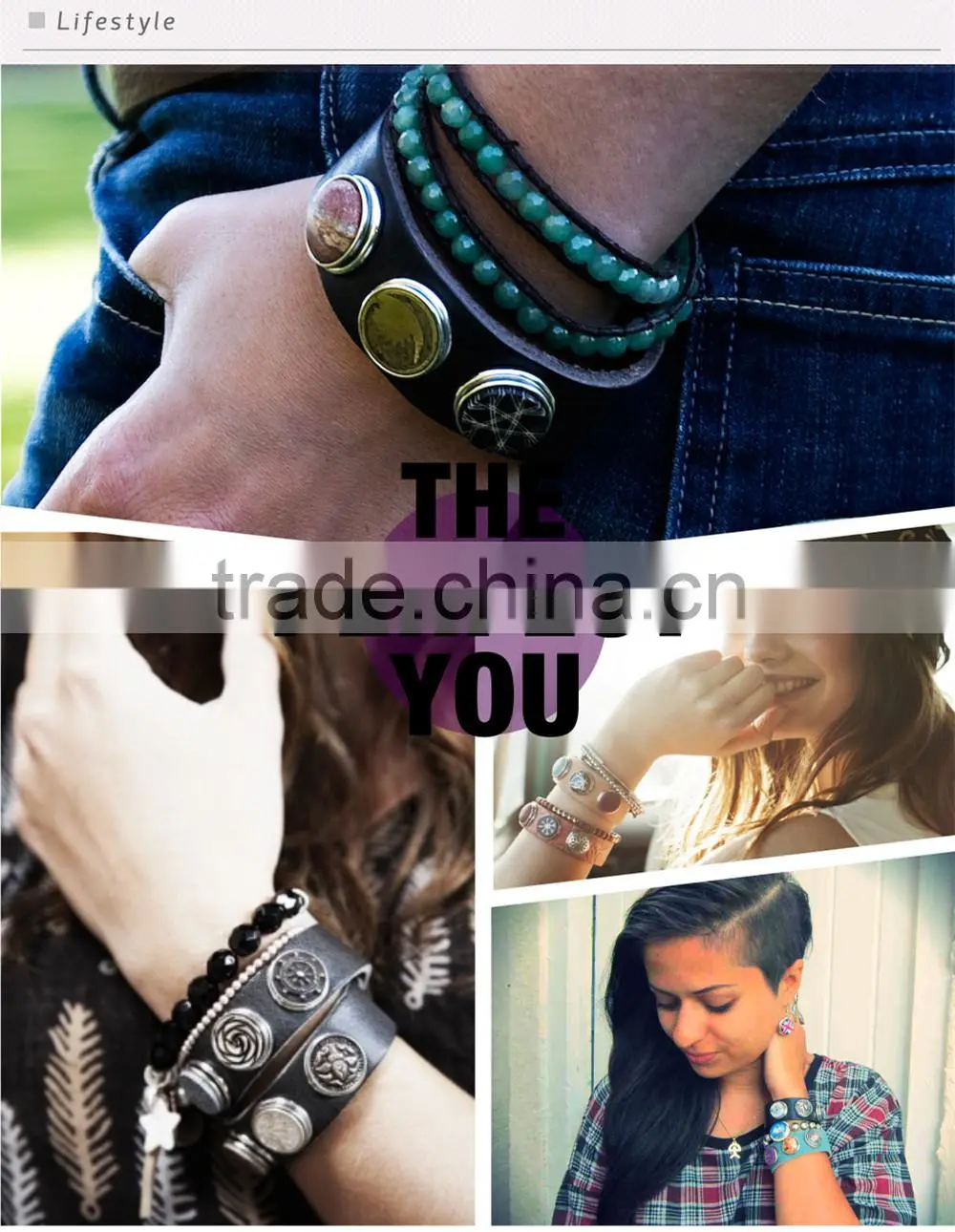 2015 new products leather snap botton natural stone bracelet
