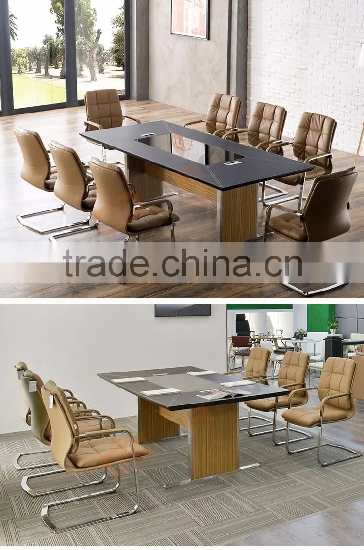 Luxury office furniture decoration black tempered glass top leather cover conference room table with power outlet