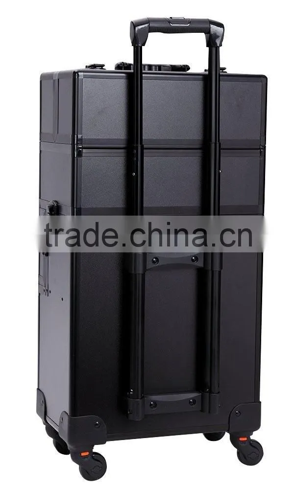 Professional 4-in-1 trolley makeup artist case,professional cosmetic trolley cases,OEM Black rolling aluminum makeup vanity case