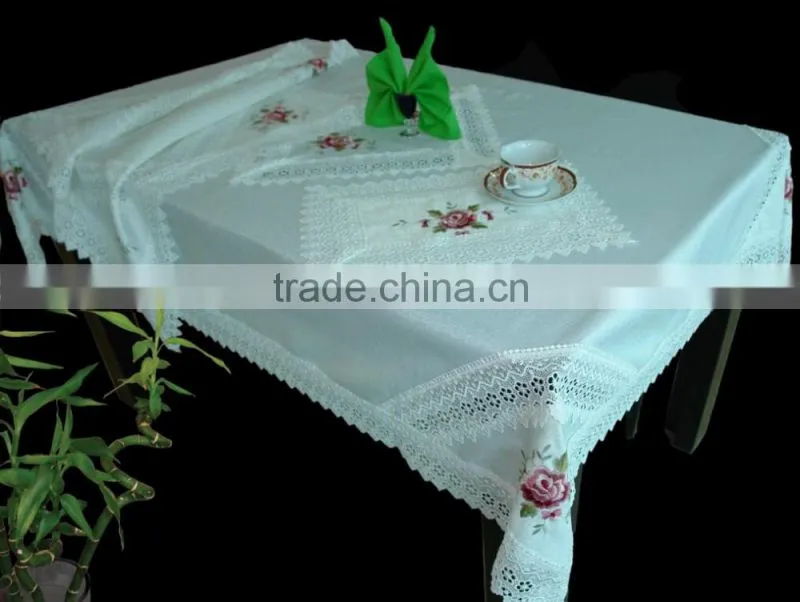 100% Polyester TC CVC Table Cloth WITH RUFFLES,LACE,WATER RESISTANT ,HEAT RESISTANT,WATER PROOF