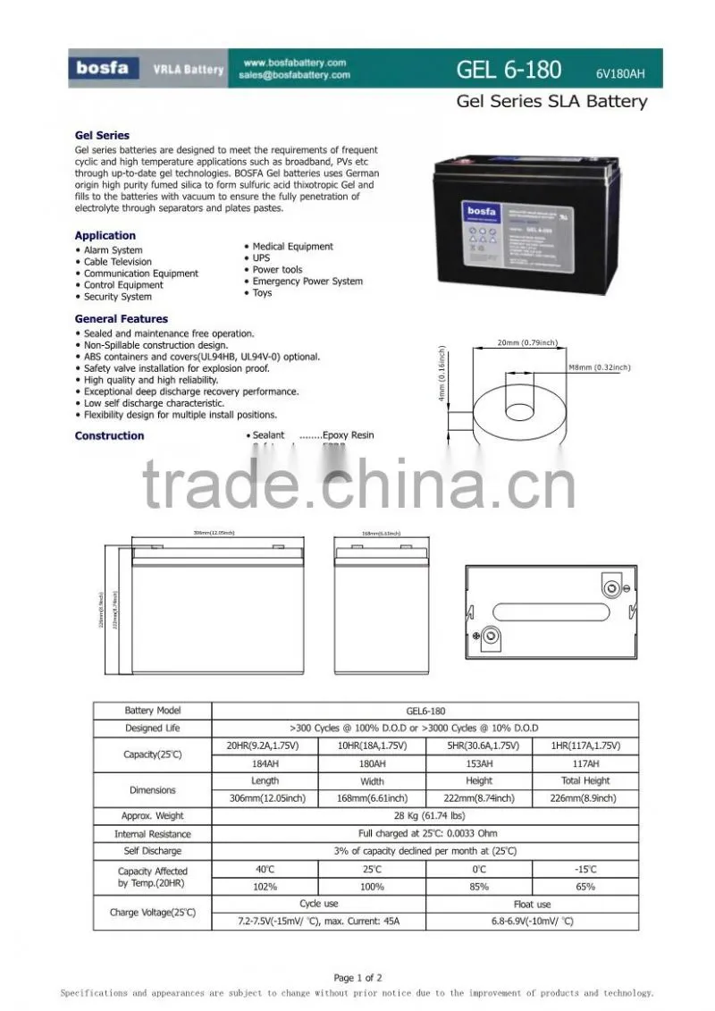 GEL6-180 gel battery 6v 180ah sealed gel battery 6v gel battery 180ah