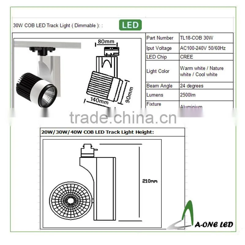 2015 Alibaba Express cheap commercial led track light led lamp 30w& Dimmable cob led track light 30w