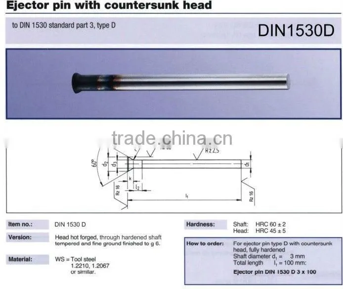 DIN1530 DANNY standard ejector pins with cylindrical head