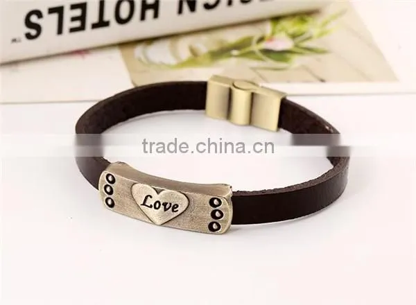 Alloy cowhide bracelet love heart metal plate couple magnetic leather bracelet