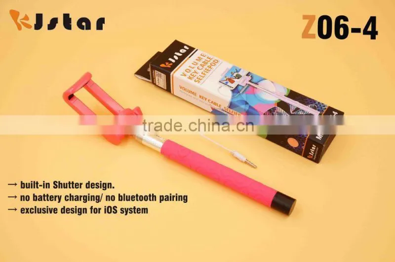 2015 hottest KJstar Z06-4 Volume Key Cable Selfie Stick with foldable designed smart phone clip