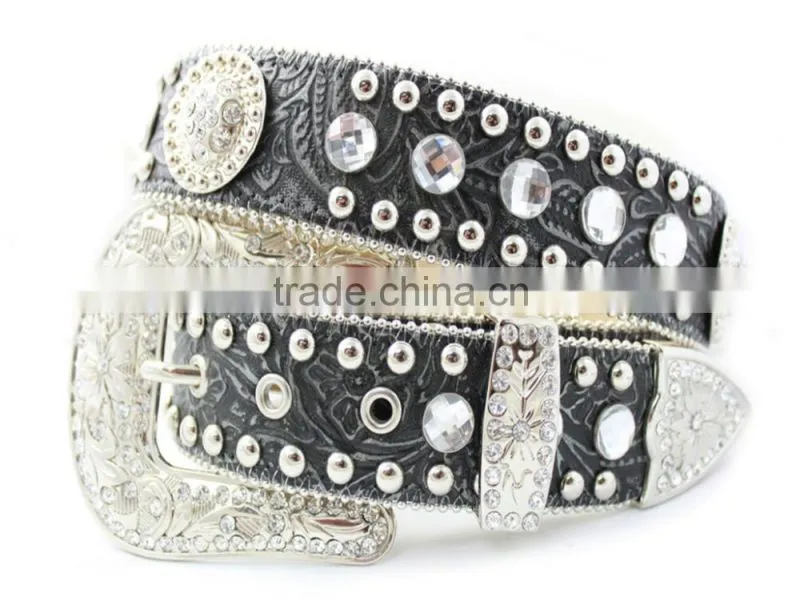 2016 New Design Western rhinestone leather belt with crystals circle chains and studs embedded