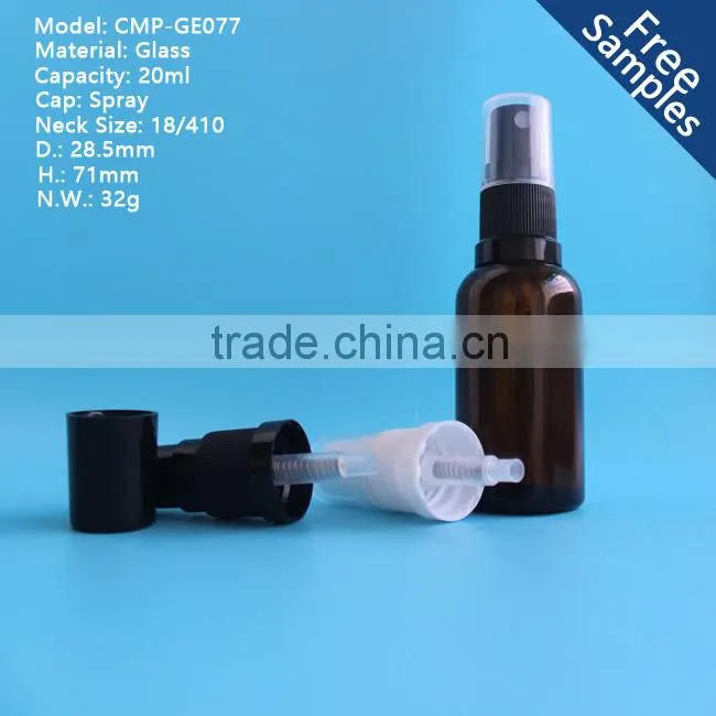 hot sale 20ml amber essential oil glass bottle with mist spray pump