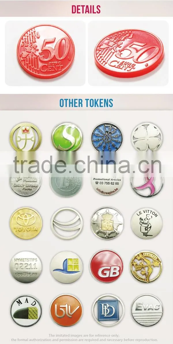 Best selling metal plastic made cart coin custom trolley token