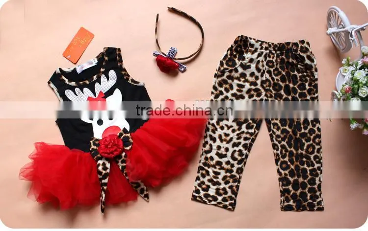 2015 party dress 2 pcs leopard pants fashion newborn christmas baby girl outfit