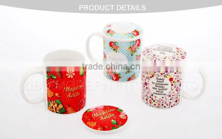 high quality white ceramic coffee mug with print and lid