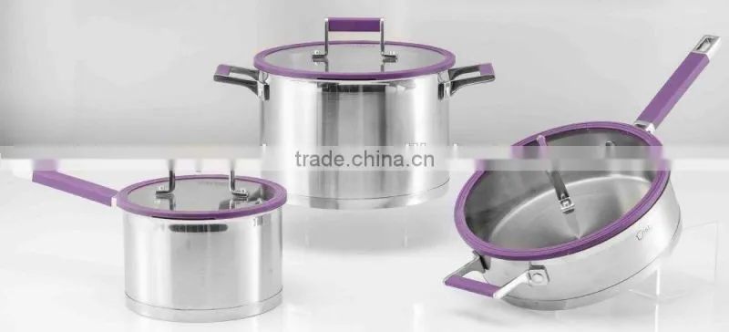 9pcs wholesale stainless steel cookware set with purple silicone handle impacting bonding