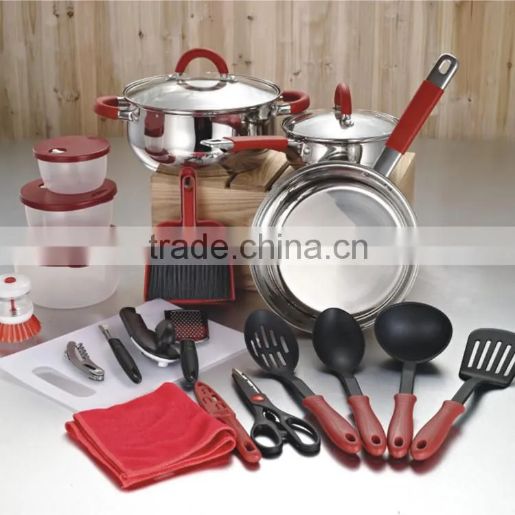 23 pcs silicone handle stainless steel non stick camping cookware kitchen set