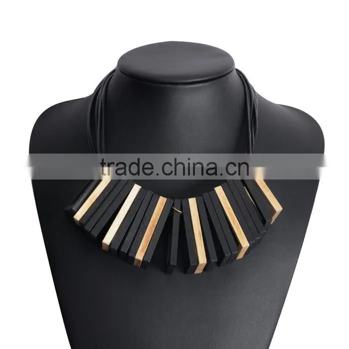 red black wooden square pendant choker necklace geometric wood choker necklace Korea wax cord choker necklace
