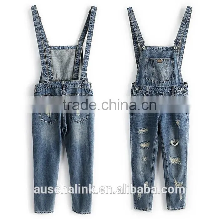 autumn new style high quality washed damaged bib pants customized