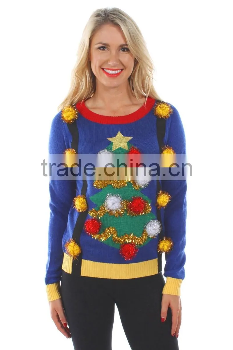 2016 latest design women 's Christmas tree pullover sweater with suspenders