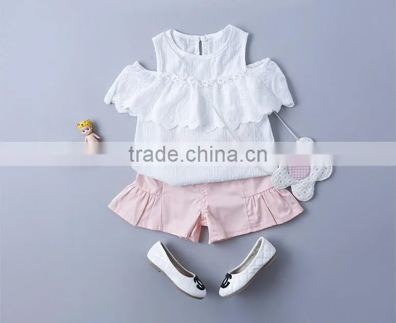 Wholesale Children Off Shoulder Full Blouse Design Solid Color Shirts Baby Girls New Style Lace Shirt