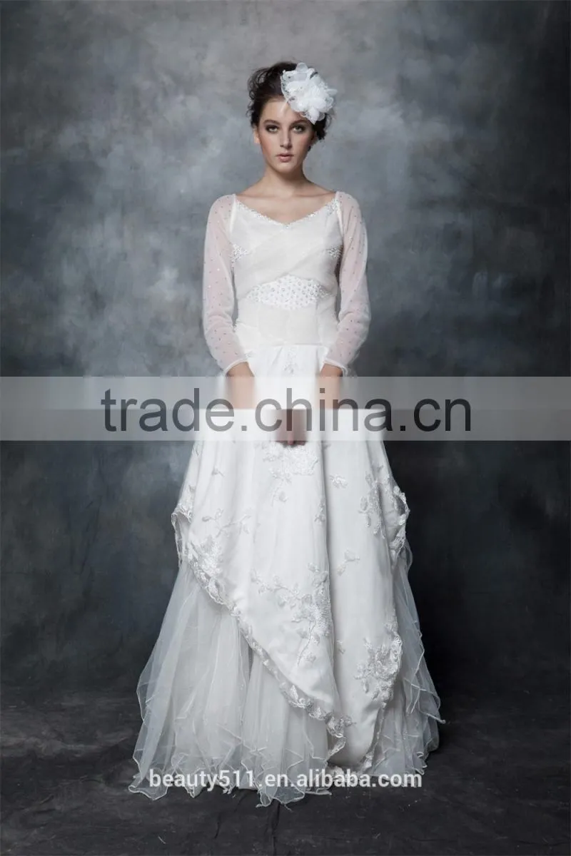 A-line Scoop Neck Satin Over Net With Embroidery bridal dress Lace With Crystal 3/4 sleeve Wedding Dress AS29402