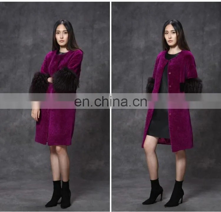 hot pink Merino sheep wool sheep shearling fur rose red overcoat with raccoon trimming