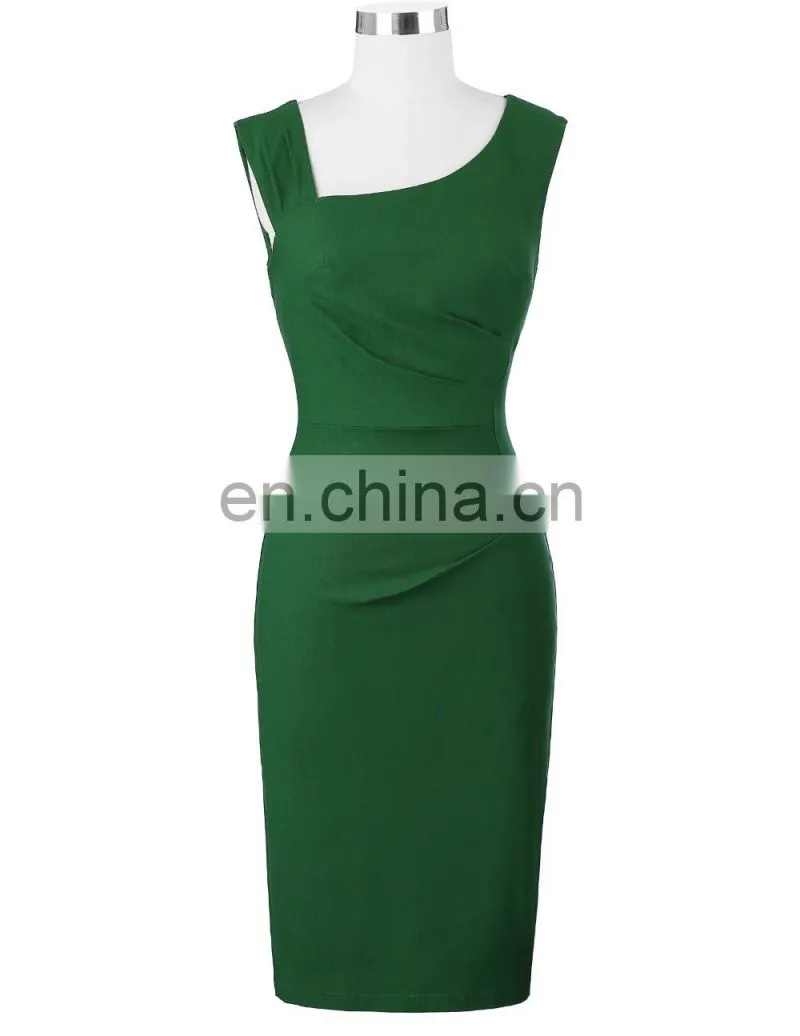 Belle Poque Retro Vintage Slim Fit Sleeveless Hips-Wrapped Bodycon Dark Green Women Business Tight Pencil Dress BP000302-2