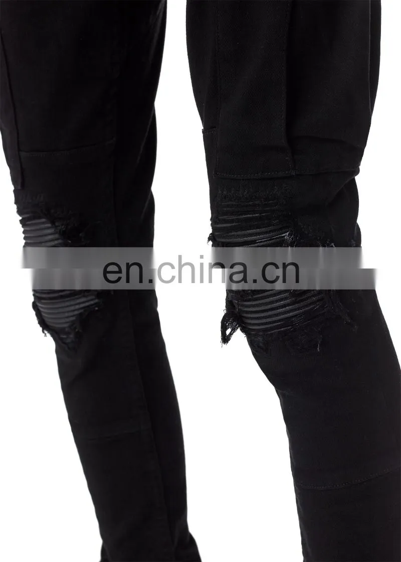 DiZNEW New Stretch Ripped Pleated Knee Patches Cargo Black Jeans men