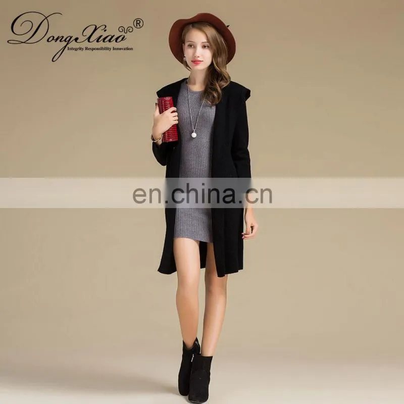 High Quality 100% Cashmere Knitted Coat Long Hooded Cardigan with Casual Style Solid Pattern for Winter Season