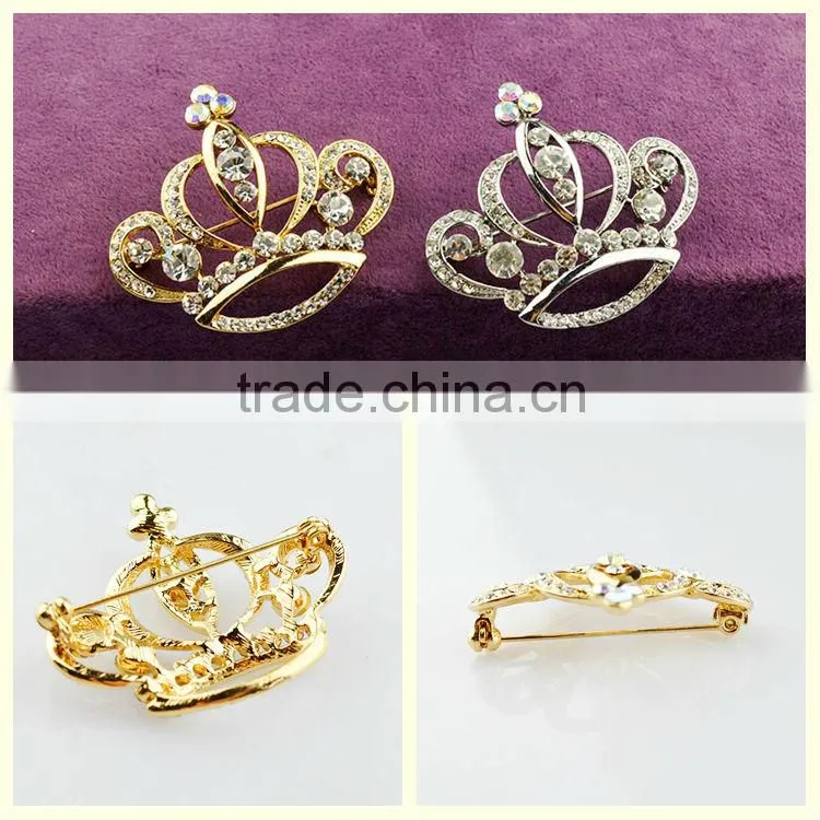 2014 free sample prom rhinestone gold royal crown brooches pin