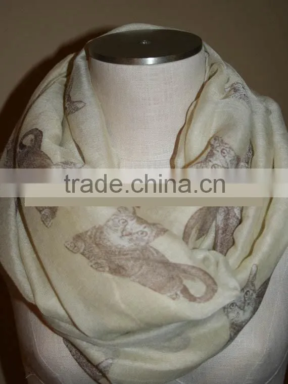 Wholesale Vogue Popular Women Daily Must-have Polyester Voile Fabric Cute Cat Print Infinity Neck Tube Scarf