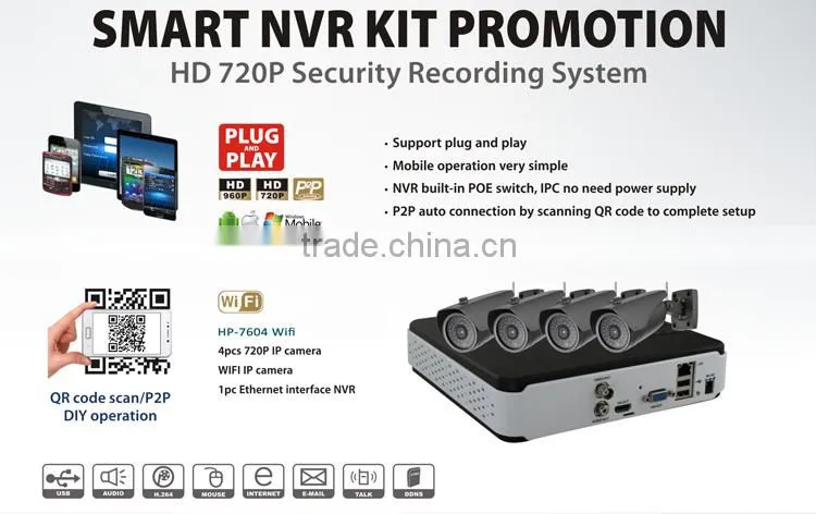 720P Wireless H 264 4CH NVR Kits IP Kit NVR Wifi P2P NVR Kits for IP Camera