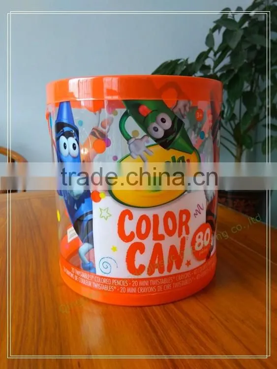 Custom printed and made clear PET water proof color pencil packaging plastic round bucket