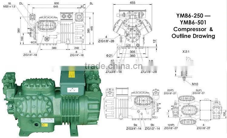 25hp YEMOO semi-hermetic piston model bitzer screw compressor with service manual