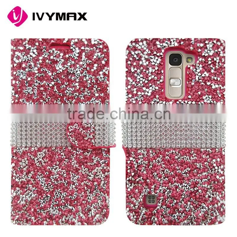 Wholesale Glittery Folio Pouch Credit Card Slot Cover Phone Case for LG K7 Tribute 5 Rhinestone Diamond case for girl