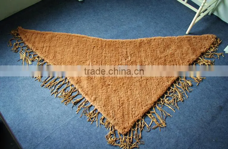 Knitted Rabbit fur shawl sale rabbit sheared fur with leather trim fringies,KZ14135