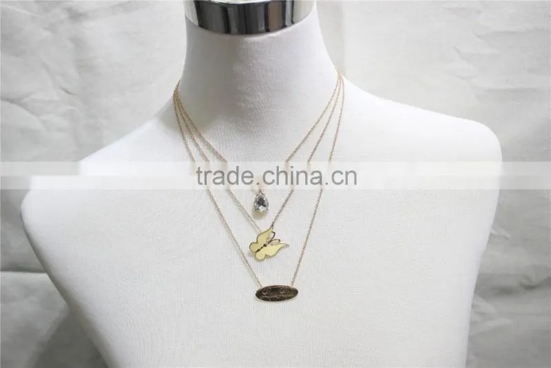 Gold Chain Layered Set Necklace w/Clear Teardrop Diamond Yellow Butterfly Metal Necklace 2016 Fashion Style Wholesale