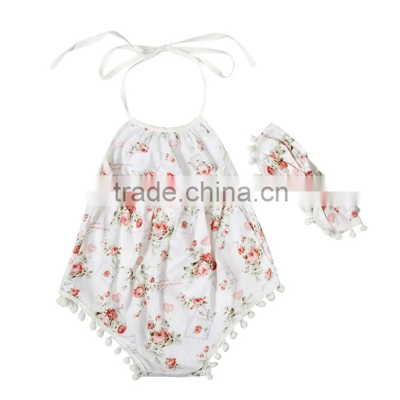 Baby Romper With Pompom And Headband.Summer Children Clothes.Floral Decoration.