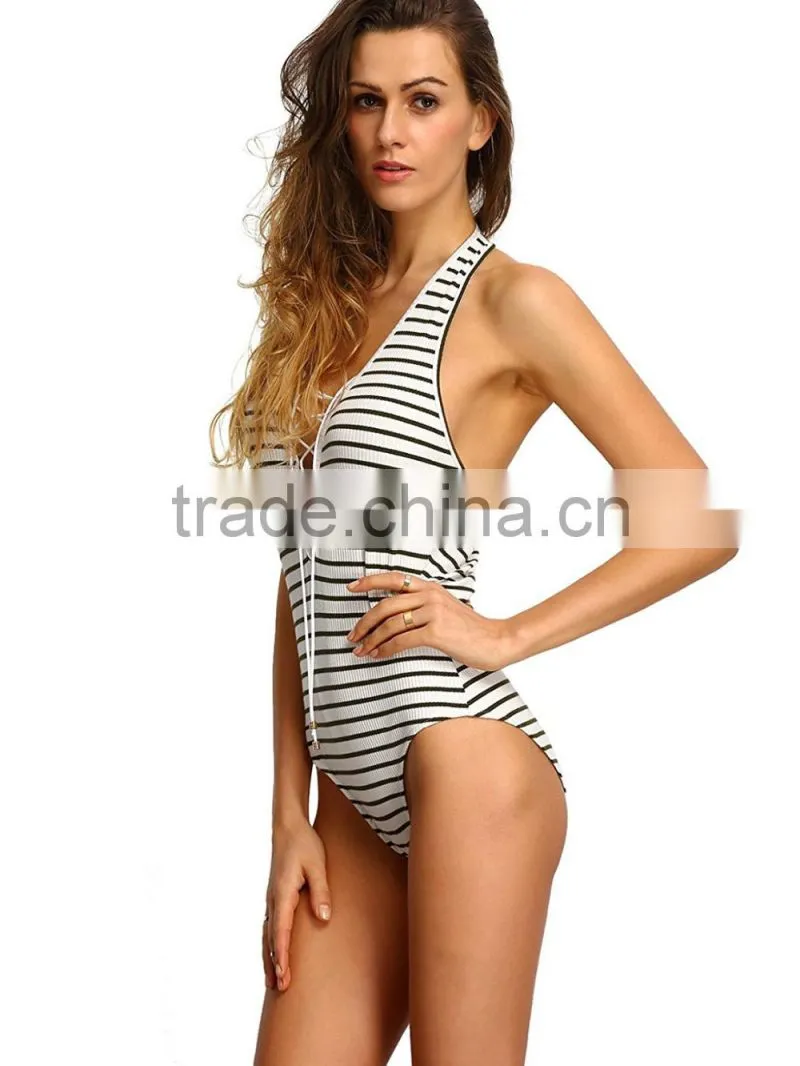Women's 100% Polyester Lace Up Striped Backless Halter Bodysuit Ladies Sexy