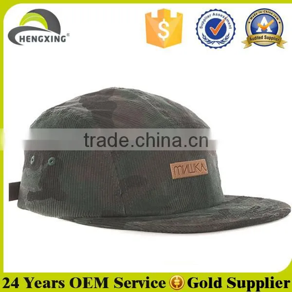 2015 new design pattern flat brim custom woven patch corduroy 5 panel hat
