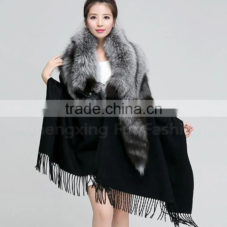 CX-B-P-53B Tassels Decoration Women's Fashion Fox Fur Trim Pashmina Shawl