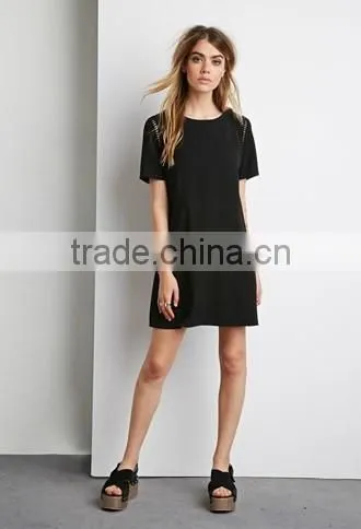 Hollow out embroidery straight dress with short sleeves