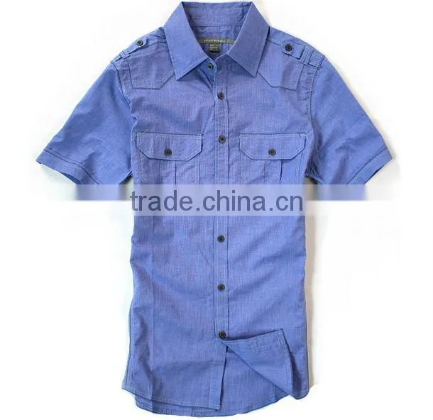 2014 new fashion solid blue T/C short summer casual men shirt