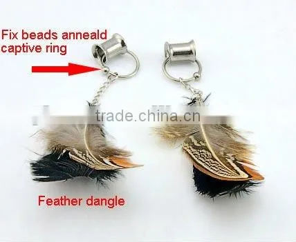fashion surgical steel with feather pendant flesh tunnel
