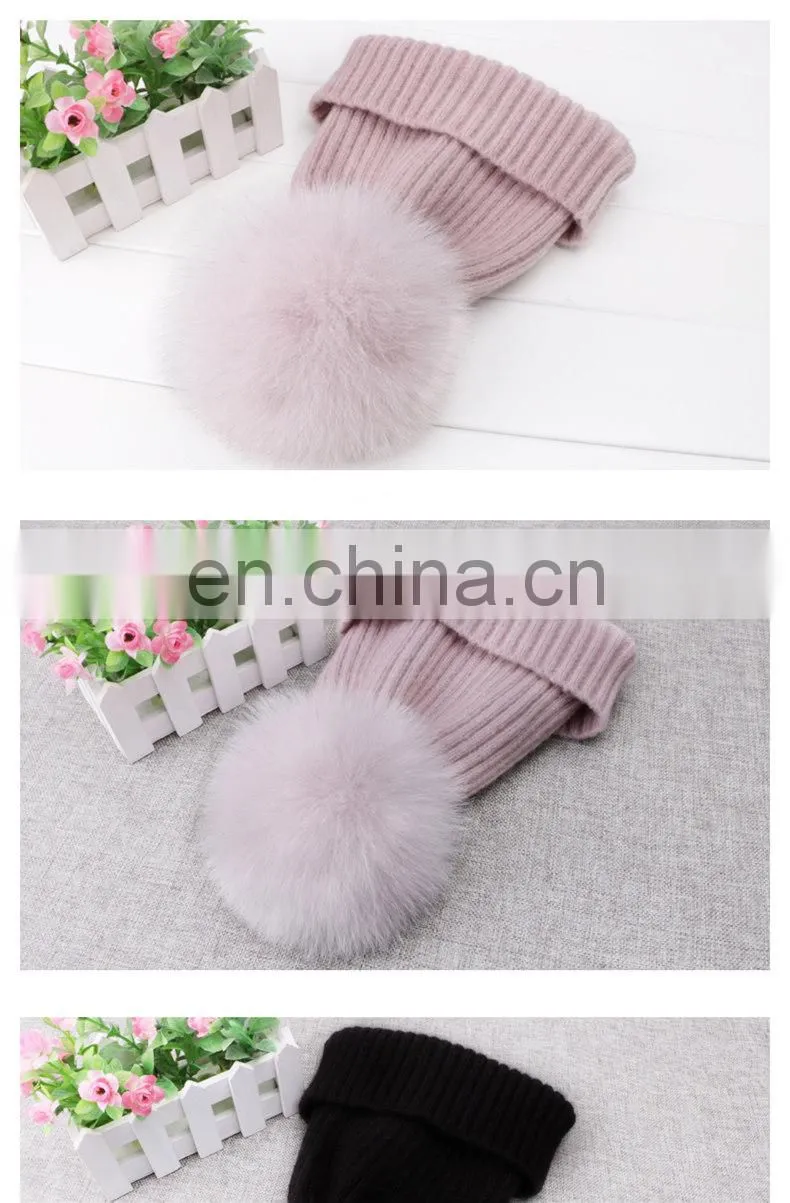 Winter Wool Knitted Beanies Scarf Fox Fur Pompom Knitted Hat Wool
