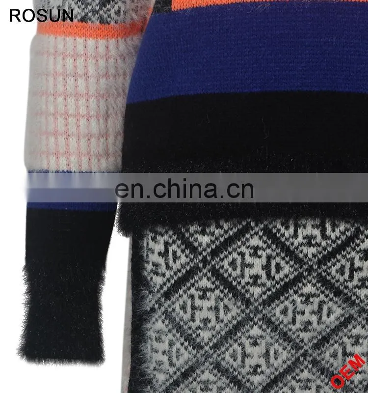 Women Winter Classic Mohair Jacquard Partten Mini Knitted Dress Suits