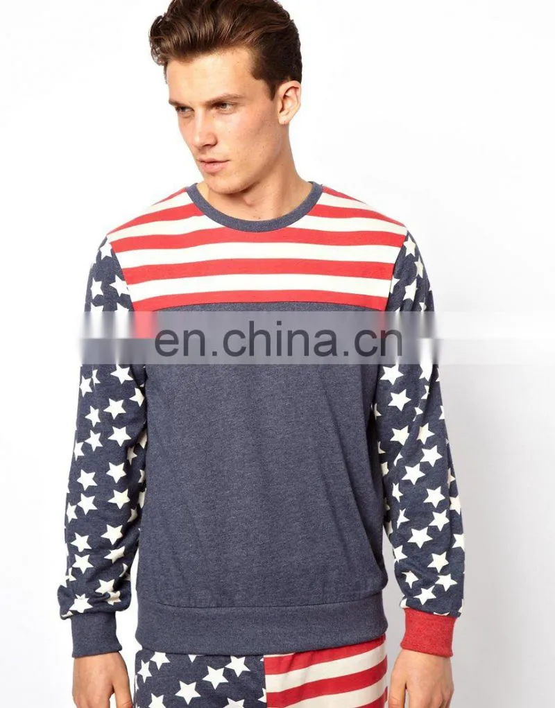 Men's Fashion round neck long sleeve fashion United Stars & Stripes T-shirt set design for man wholesaler in china model-sc128