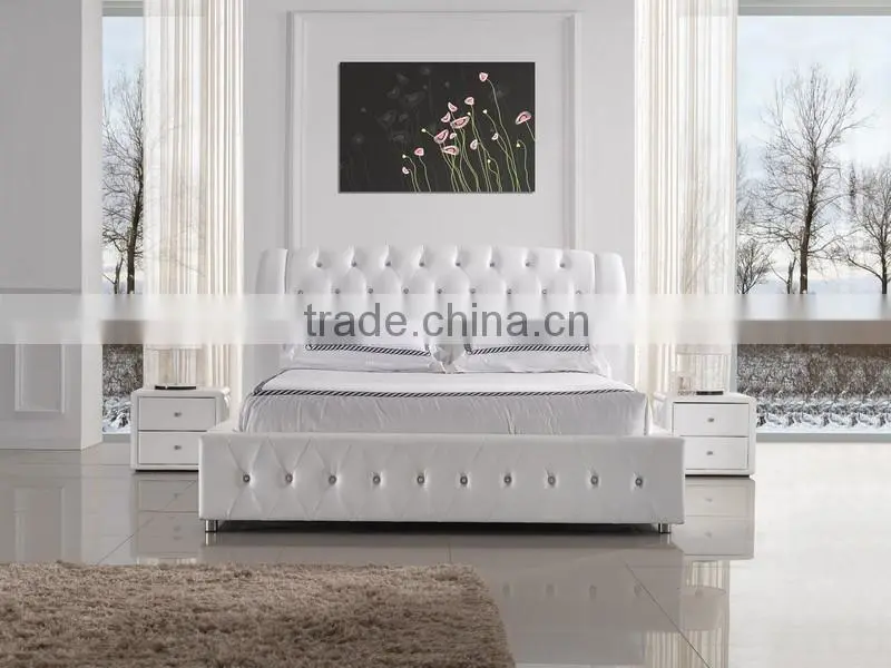 modern leather bed with crystal buttons