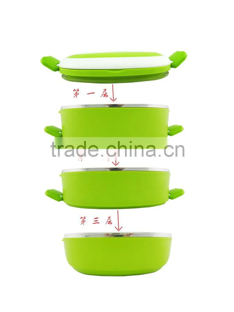 2014 new design printed bento stainless steel and PP plastic lunch box 3 tiers with buckle