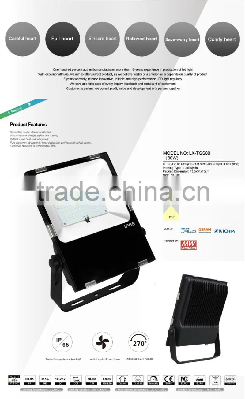 Promotion Price 2016 CE Rohs Approved Meanwell Driver Free Lighting Design 5 Years Warranty 80W LED Floods