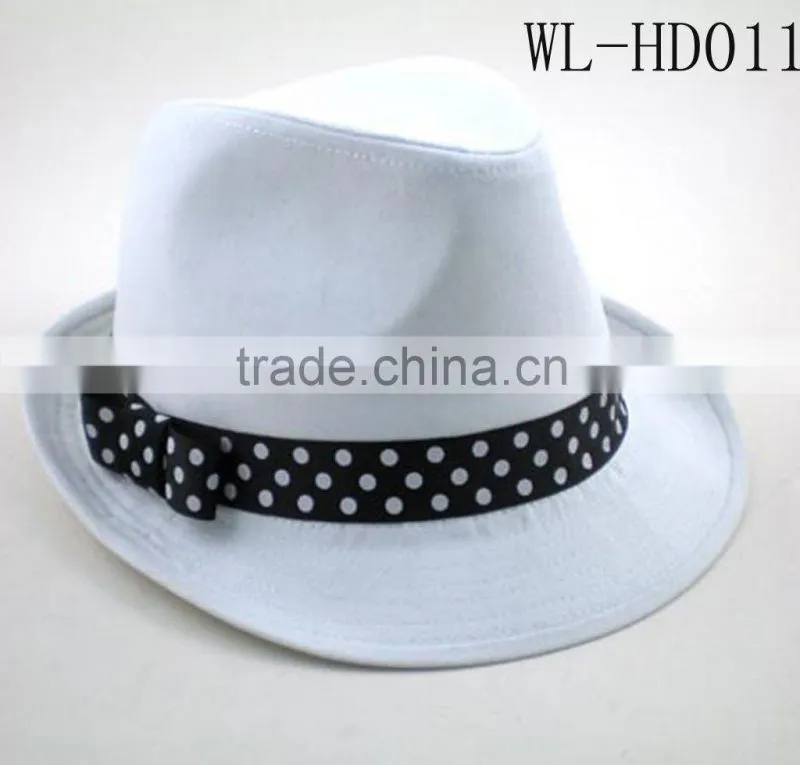WL-HD011 100%COTTON CANVAS WHITE FEDORA WITH DOT BOW TRIM FOR WOMEN